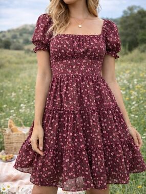 Burgundy Pink Floral Tiered Mini Dress M Puff Sleeve Cottagecore Prairie Feminin